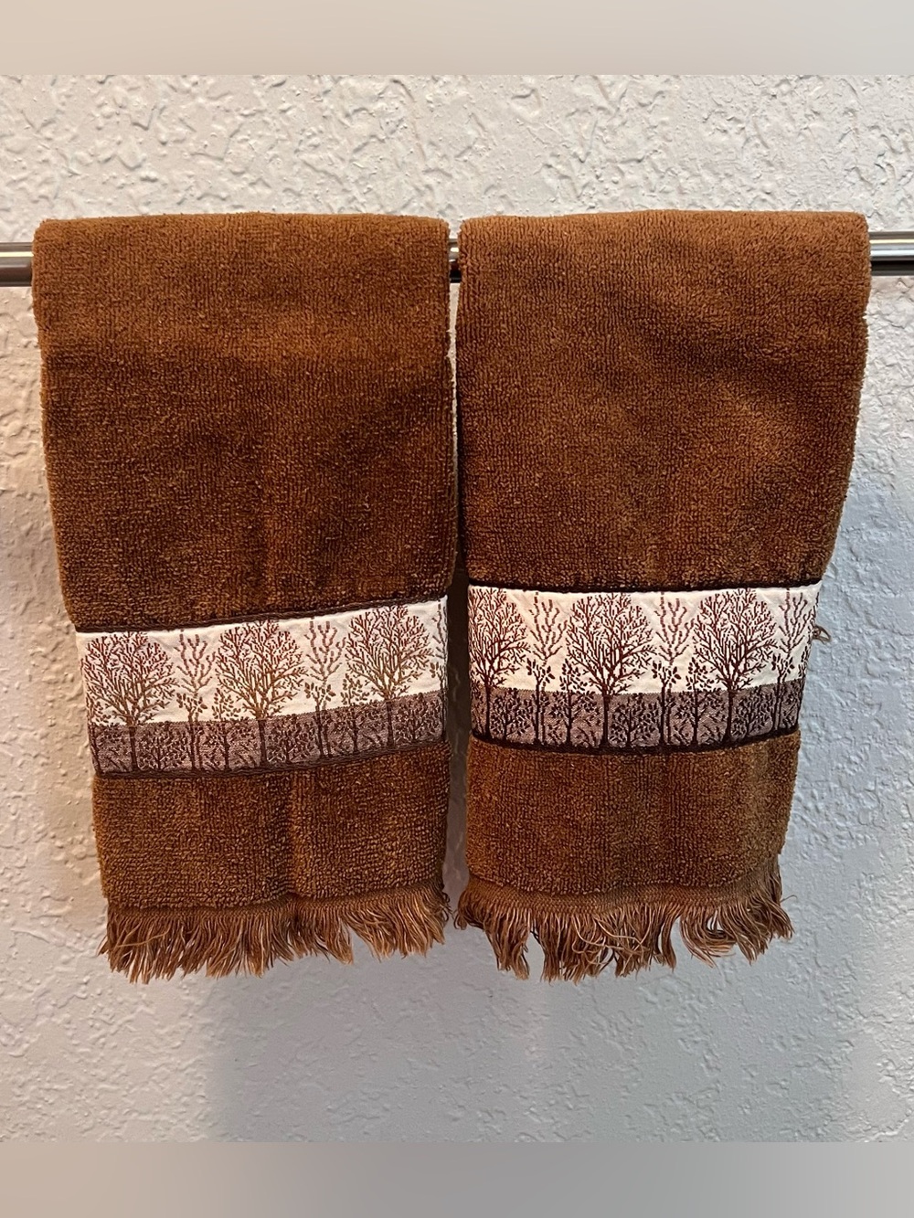 Vintage Ames Brown Tree Landscape Towels Set of 2 70s Retro